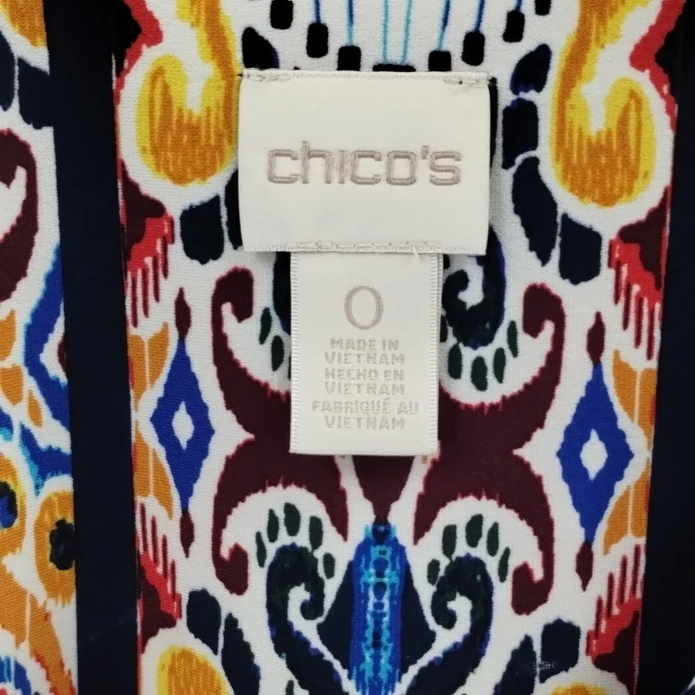 Chico's Ikat Shift Dress 0 S Tie Sleeve V-Neck Multicolor Blue Orange Womens